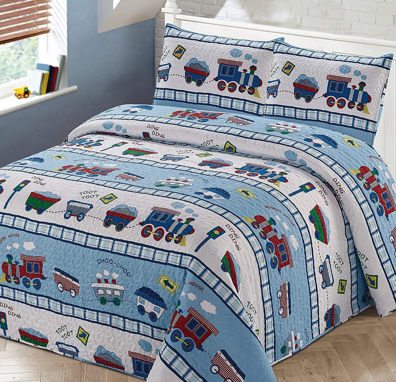 3Pc Full/Queen Bedspread Coverlet Quilt Set for Boys Multi-Color Train Choo-Choo