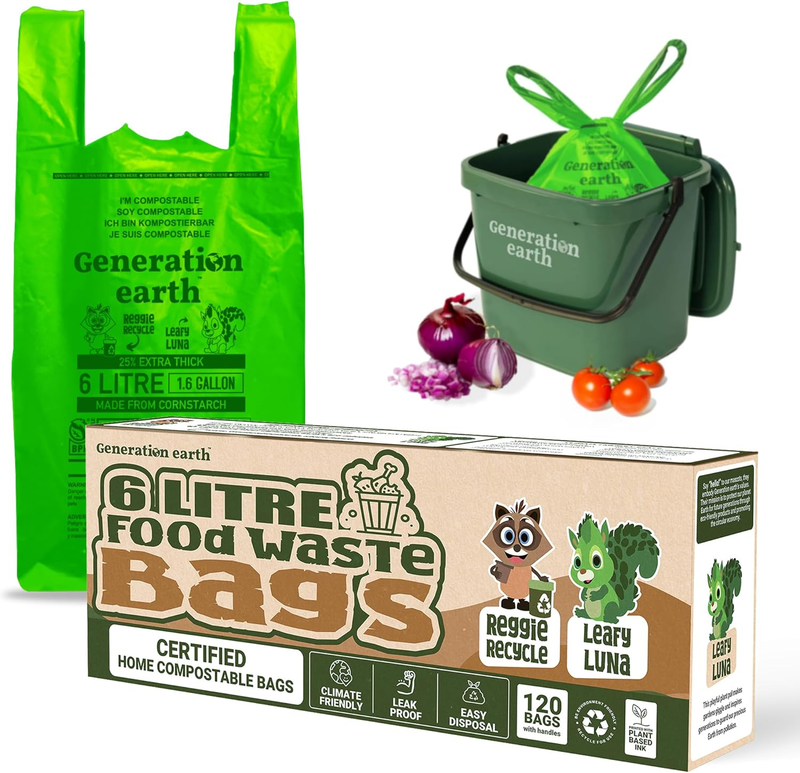 120Pcs - 6L Bags - Tie Handles - OK Compost HOME Certified - Food Waste - Extra