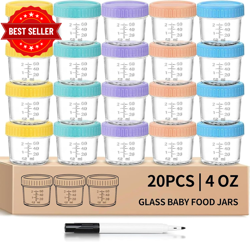 20 Pack Glass Baby Food Storage Containers, 4Oz/120Ml Glass Baby Food Jars with