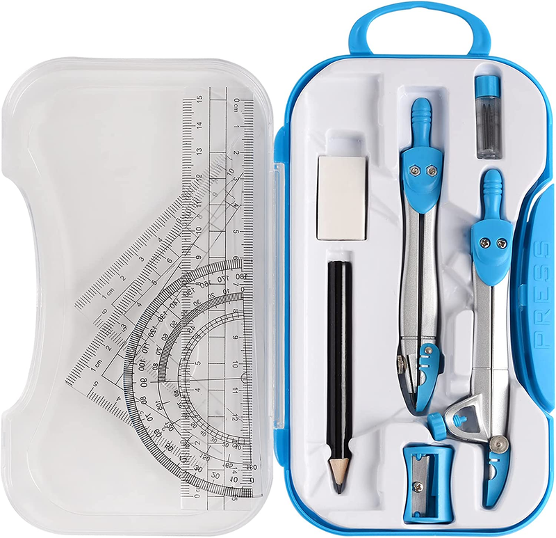 Geometry Kit,  10-Piece Math Tool Kit with Compasses, Protractor, Pencil, Eraser