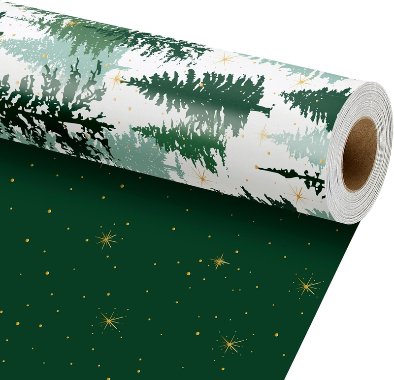 Reversible Christmas Wrapping Paper, Pine Tree Gold Foil 43Cm X 10M