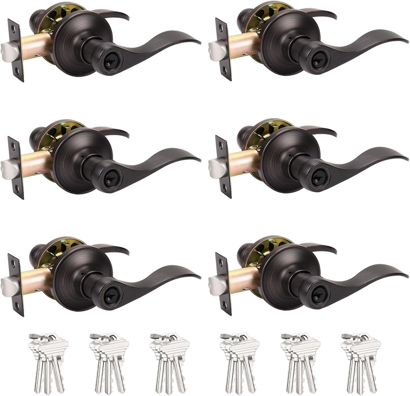 (6 Pack Entrance Lever Door Handle Oil Rubbed Bronze, Entry Levers Combo Pack, Keyed Alike Door Locks Lockset Contemporary Style, Contractor Pack