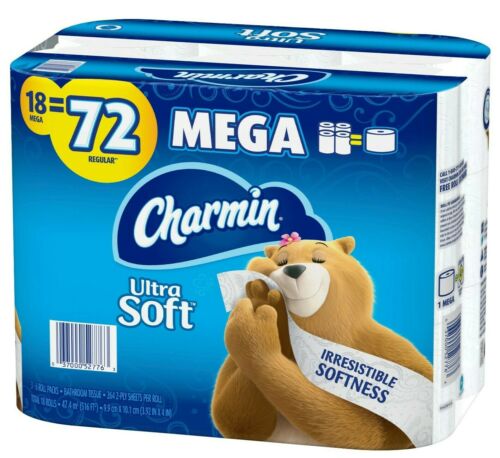 18 Mega = 72 REGULAR ROLLS Charmin Ultra Soft Toilet Paper 2ply BULK NO CLOG
