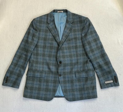 New Mens Hickey Freeman Milburn Blue Plaid Cashmere Sport Coat Jacket Size 46R