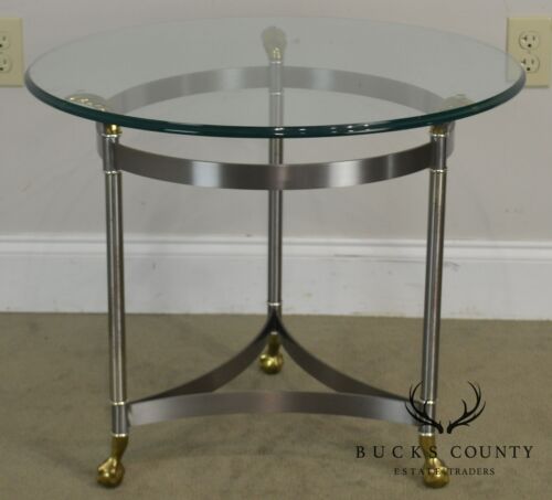 Directoire Style Brushed Steel & Brass Round Glass Top Side Table