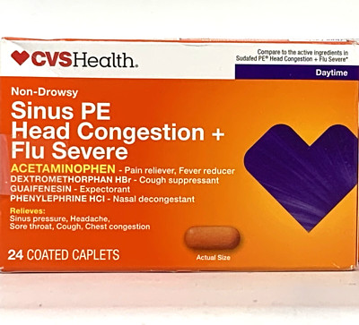 Non-Drowsy Sinus PE Head Congestion +Flu Severe  24 Ct Exp 2/25 Comp To Sudafed