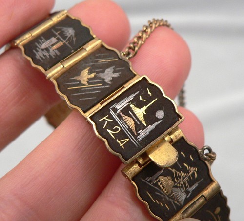 Vintage Japanese DAMASCENE BRACELET Scenic Gold Silver Inlay Engraved Japan