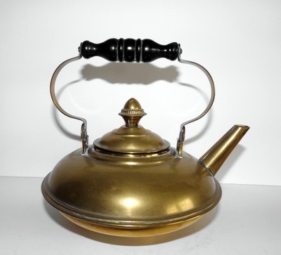 Vintage Brass Tea Kettle Pot with Acorn Finial on Lid, Wood Handle, 6 1/2