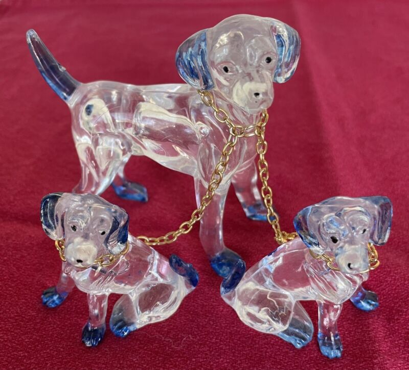 Vintage Lucite Dog Trio On Gold Chain Blue Ears and Tails Figurines