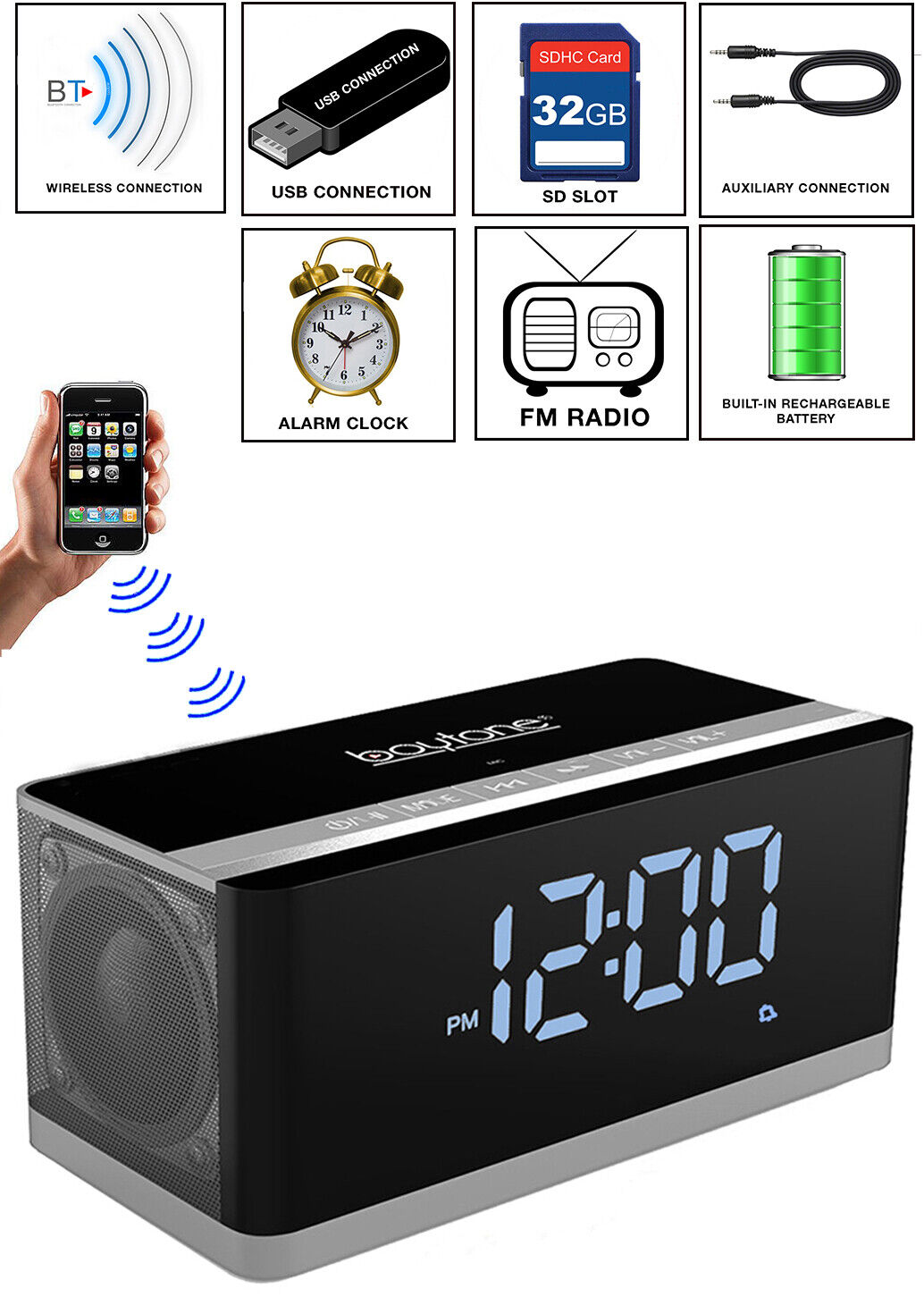 Boytone BT-86C Portable FM Radio Alarm Clock Wireless Blueto