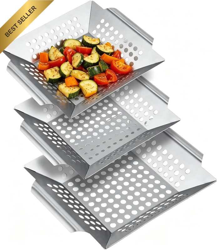 3-Pack Stainless Steel Grill Baskets – Heavy Duty Vegetable Grilling Basket Set