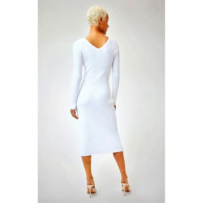 Pre-owned Lita By Ciara Icon Rib V Neck Cardigan Button Front Midi Dress - White - Size M