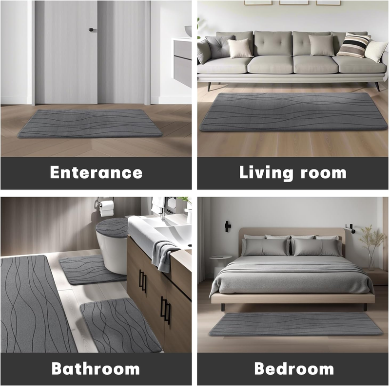 Memory Foam Grey Bath Mat Set 3 Piece, Ultra Absorbent Bath Mat for Bathroom - N