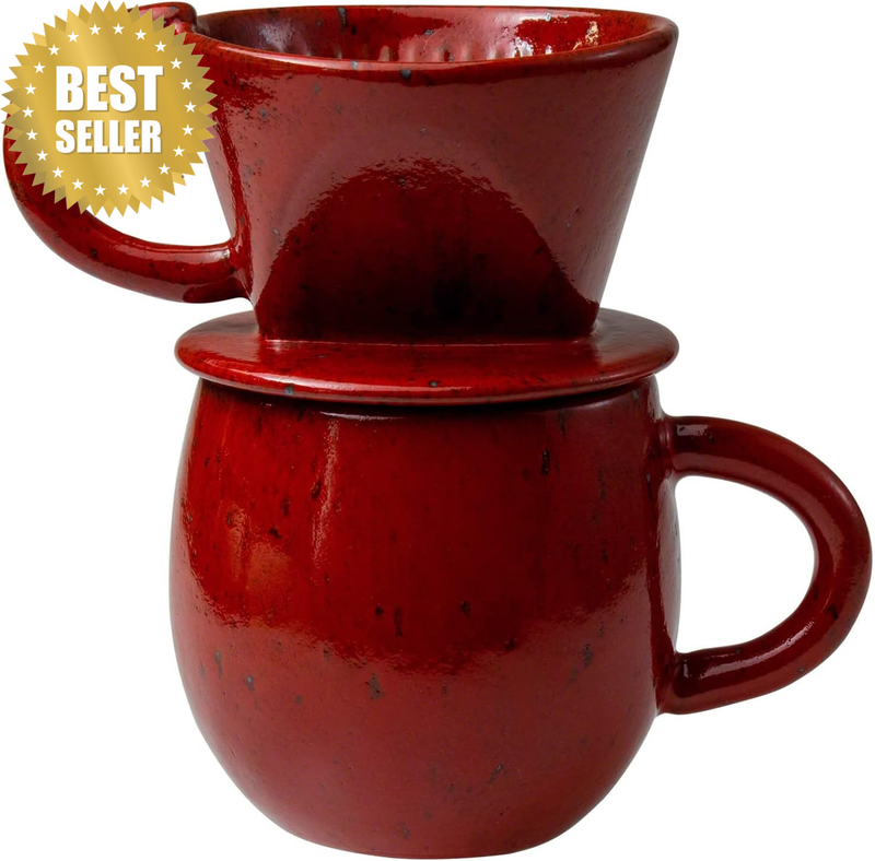 Ceramic Coffee Pour over Maker Set in Chrome Red, Slow Brewing Paper Filter Hold