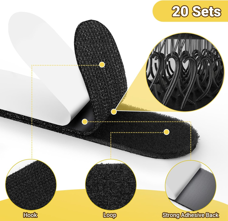 20 Sets Hook Loop Tape Heavy Duty,1.2 x 4 Inch Double Sided Strong Adhesive Moun