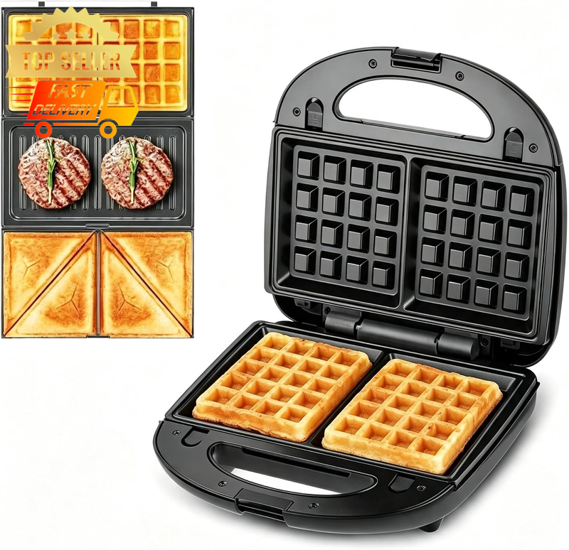 3-in-1 Sandwich Waffle Maker 850W Non-Stick Grill Panini Breakfast Plates