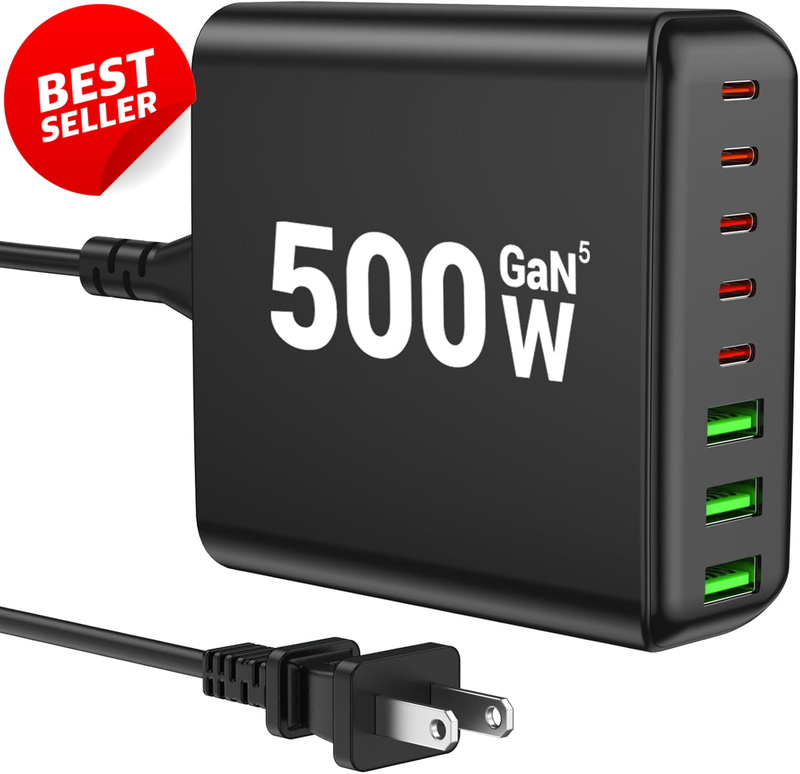 500W 8-Port USB C Charging Station 120W PD Fast Charger Block GaN - US