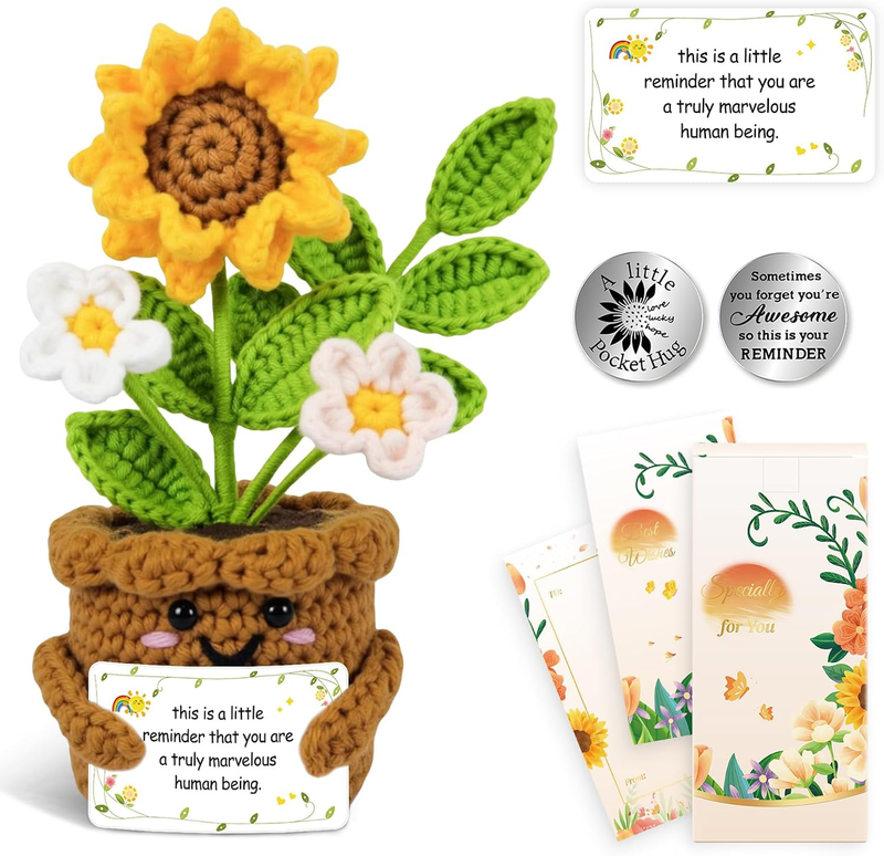 Handmade Crochet Sunflower in Pot with Greeting Card Desk Decor | Positive Emoti