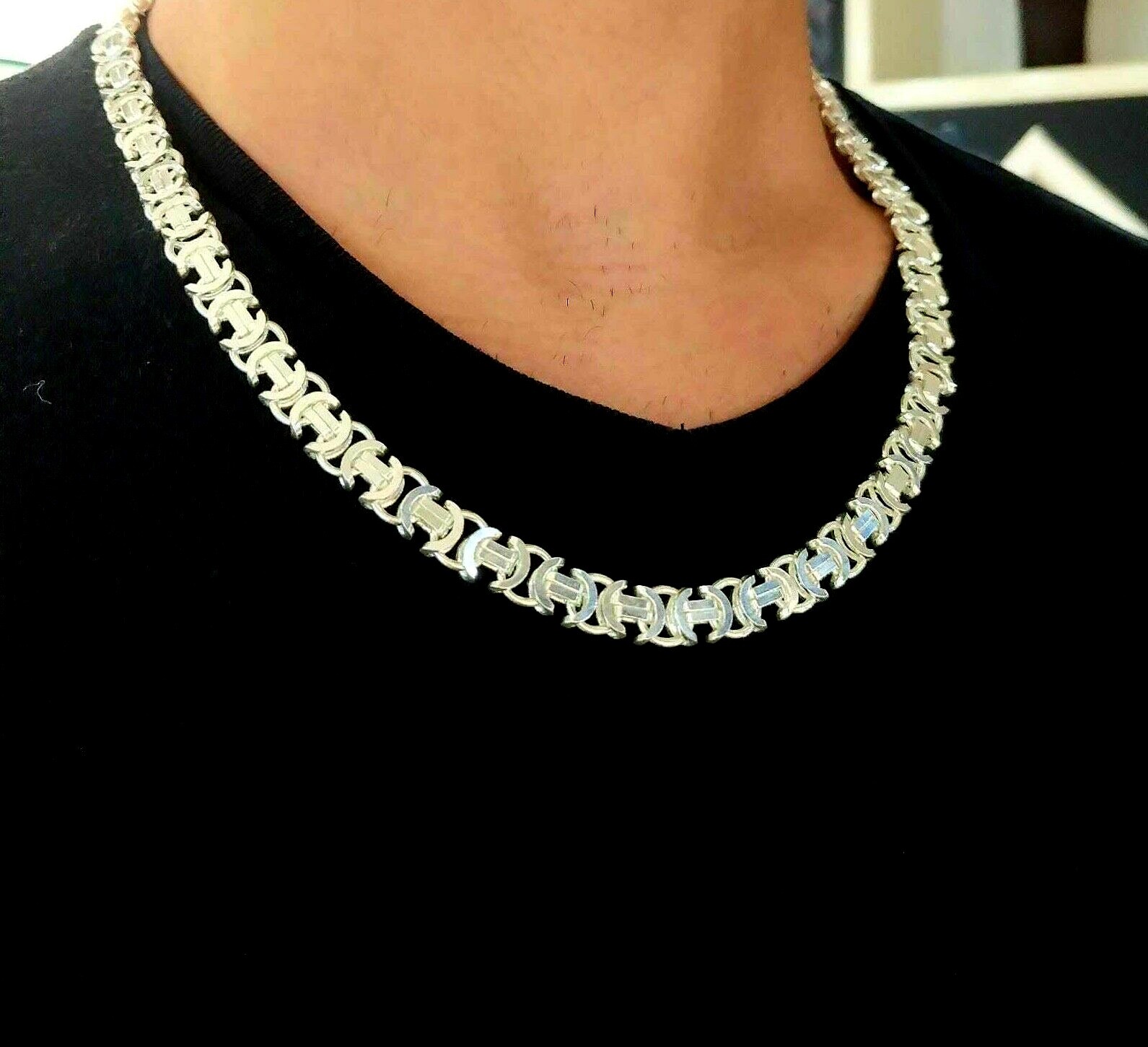 Pre-owned Handmade Mens King Flat Byzantine Chain Necklace 925 Sterling Silver 90gr 9.5mm 24 Inch