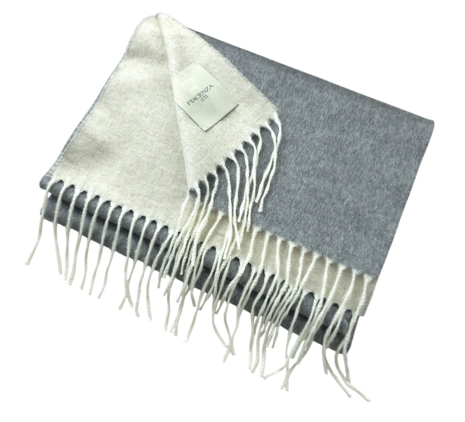Piacenza 1733 Cashmere Silk Scarf Grey Cream Two Tone Fringe Wrap Shawl