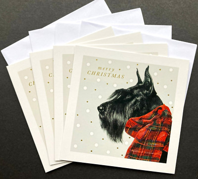 SET OF 4 Christmas New Year Cards Scotty Scottie Dog Art File UK Charity Tartan