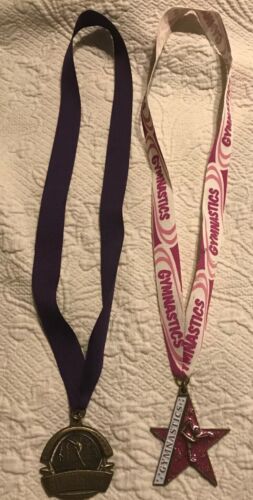2 Gymnastics Medals On Lanyards Bling Princess Classic Pink Purple Gold Antiqued