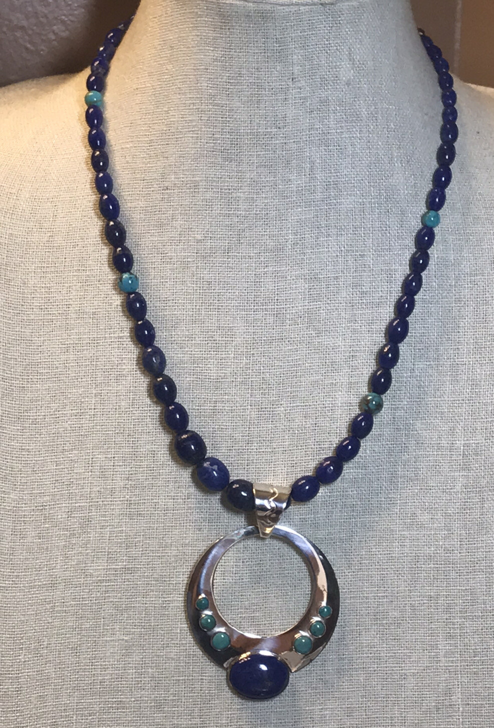 Pre-owned Mine Finds By Jay King Jay King Lapis And Andean Blue Turquoise Circle Pendant With Necklace