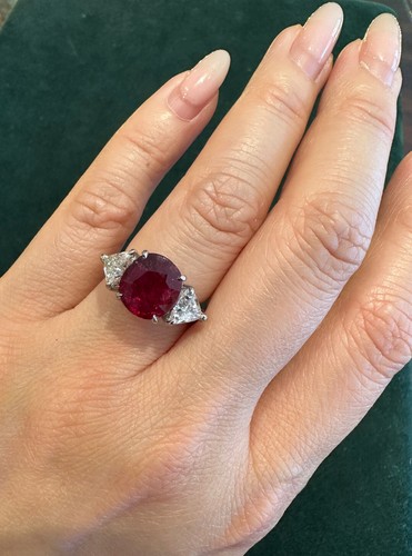 GRS Unheated 4.04 ct Cushion Cut Ruby Ring in Platinum with