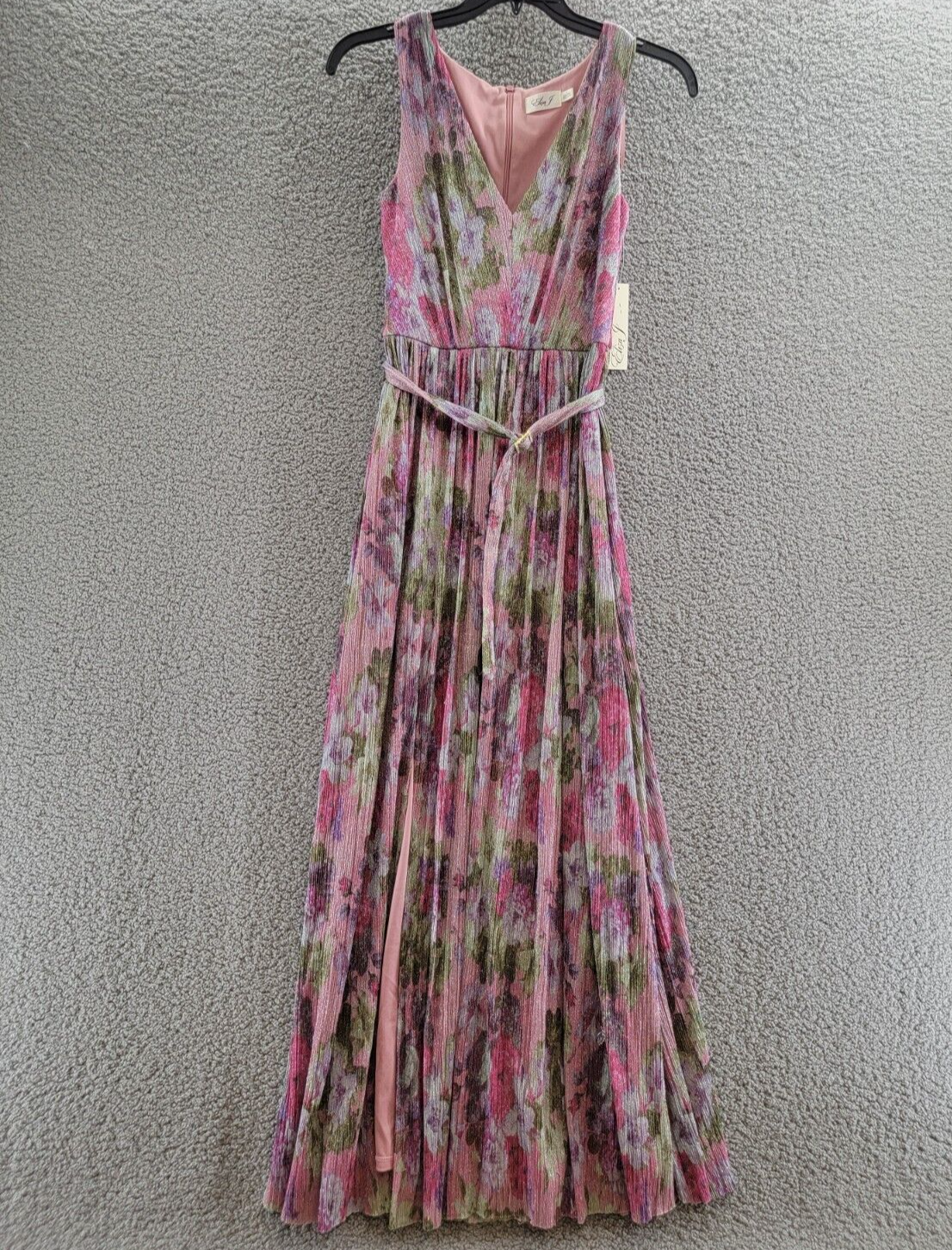Eliza J Shimmer Belted Maxi Dress Women's 8 Pink Multi Sleeveless Zip Closure - Picture 2 of 16