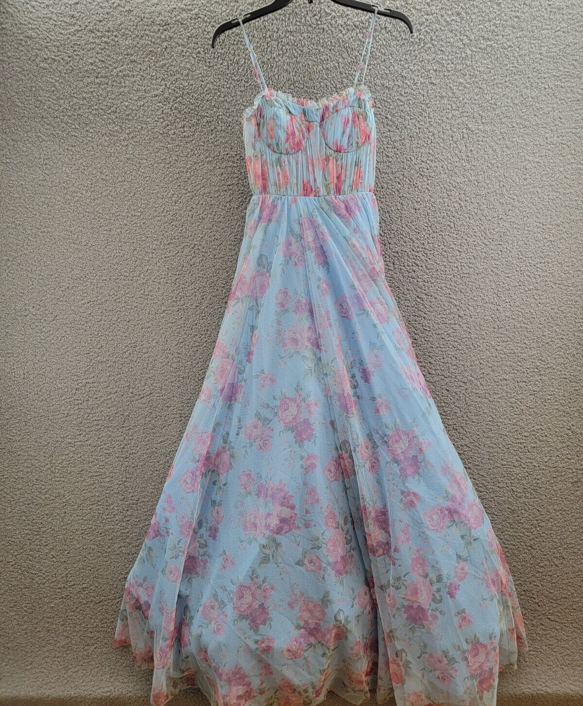 City Studio Floral-Print Bustier Gown Women's 0 Sky/Rose Ruffle Sweetheart Neck - Picture 2 of 16