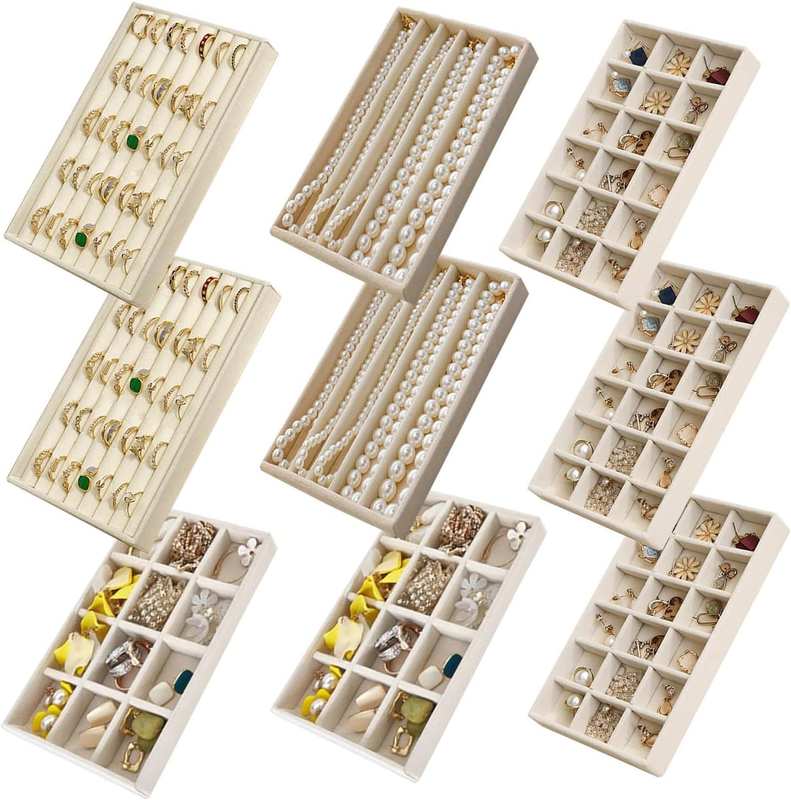 9 Pack Velvet Jewelry Drawer Organizer Trays Adjustable Stacka...
