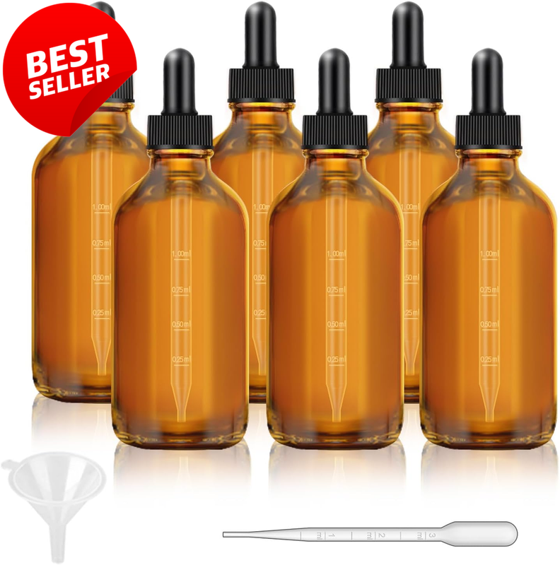Amber Dropper Bottles 4oz 6 Pack Measured Pipette w Funnel Labels - US