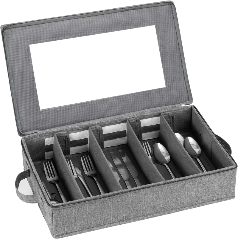 Flatware Utensil Storage Case, Silverware Storage Box Chest with Adjustable Divi