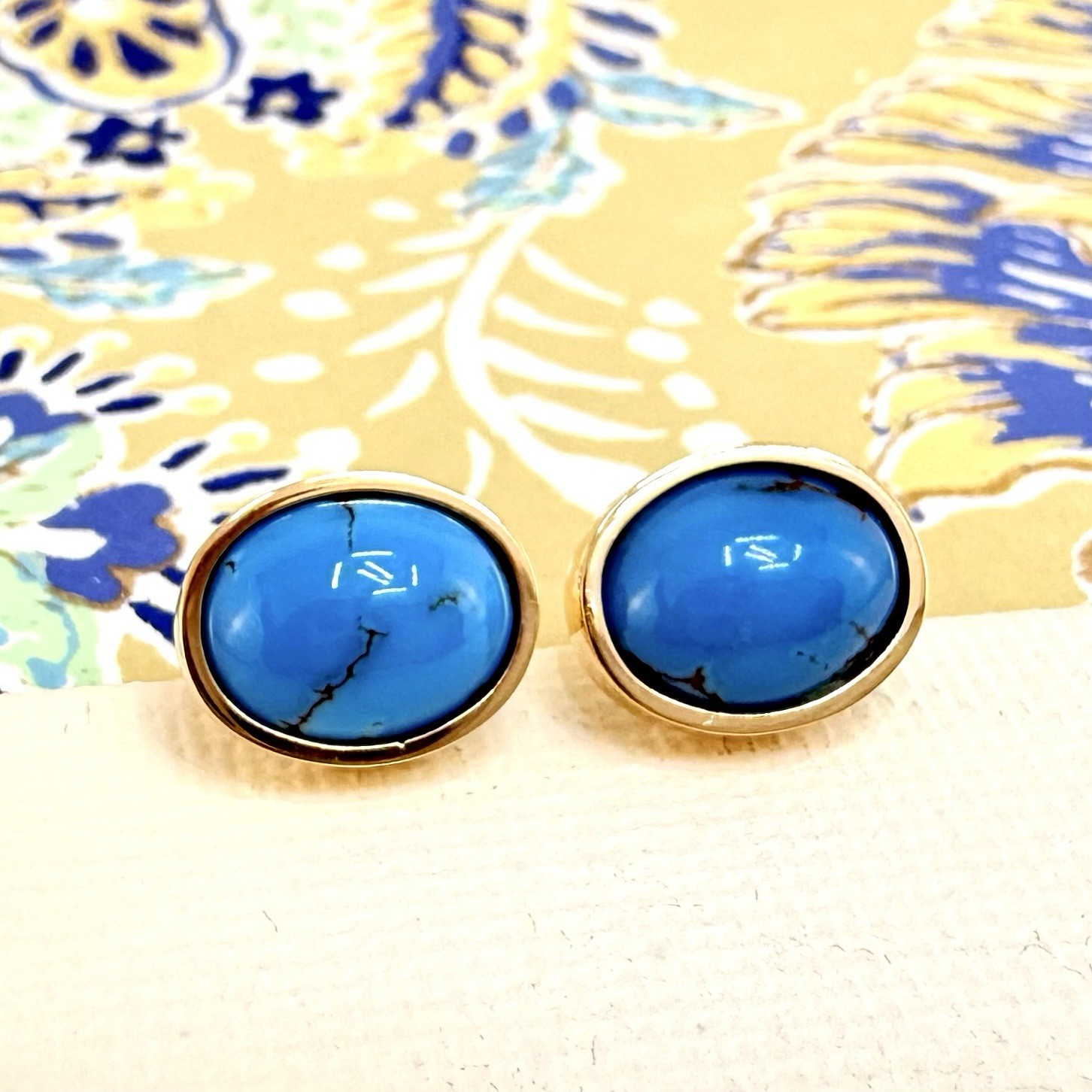 14k Yellow Gold Egyptian Turquoise Custom Made Stud Earrings, New Pair #3 - Picture 7 of 9