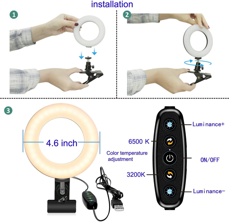 Video Conference Lighting Kit 3200k-6500K Dimmable Led Ring Lights Clip on Lapto