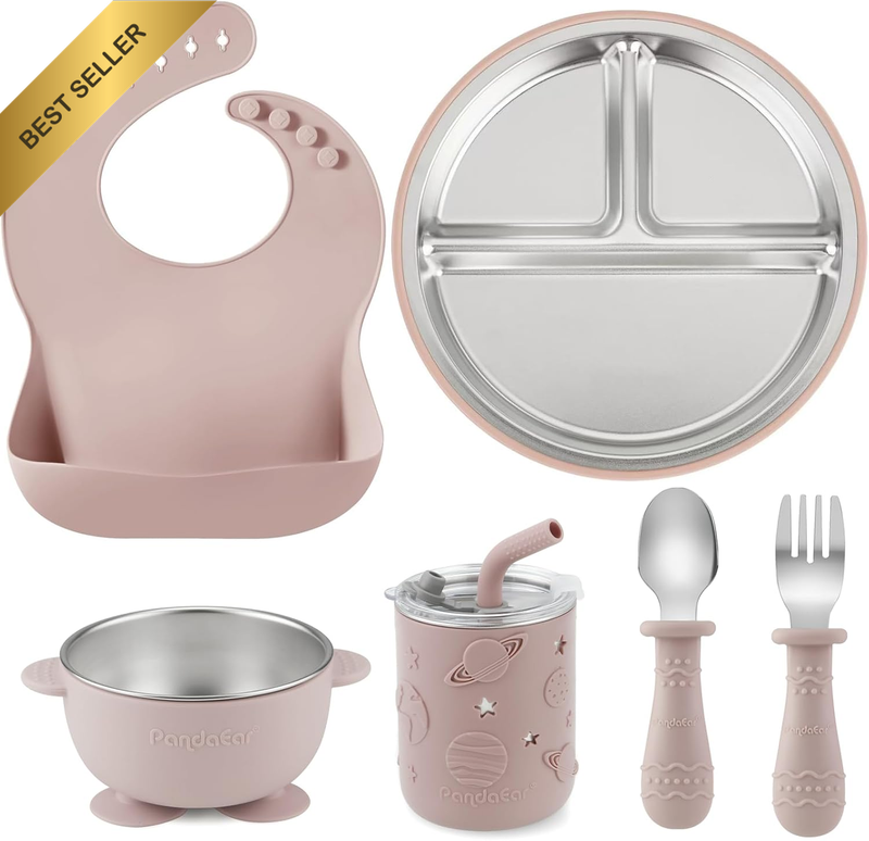 6-In-1 Stainless Steel Baby Feeding Set | Divided Suction Plate, Bowl, Sippy Cup