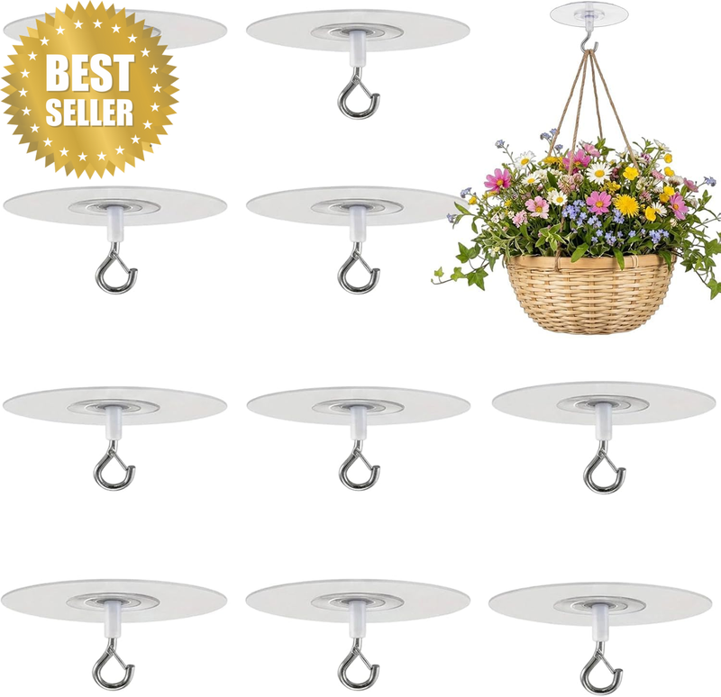 10 Pack Self-Adhesive Ceiling Hooks, Drill-Free Hanging Hooks for Plants