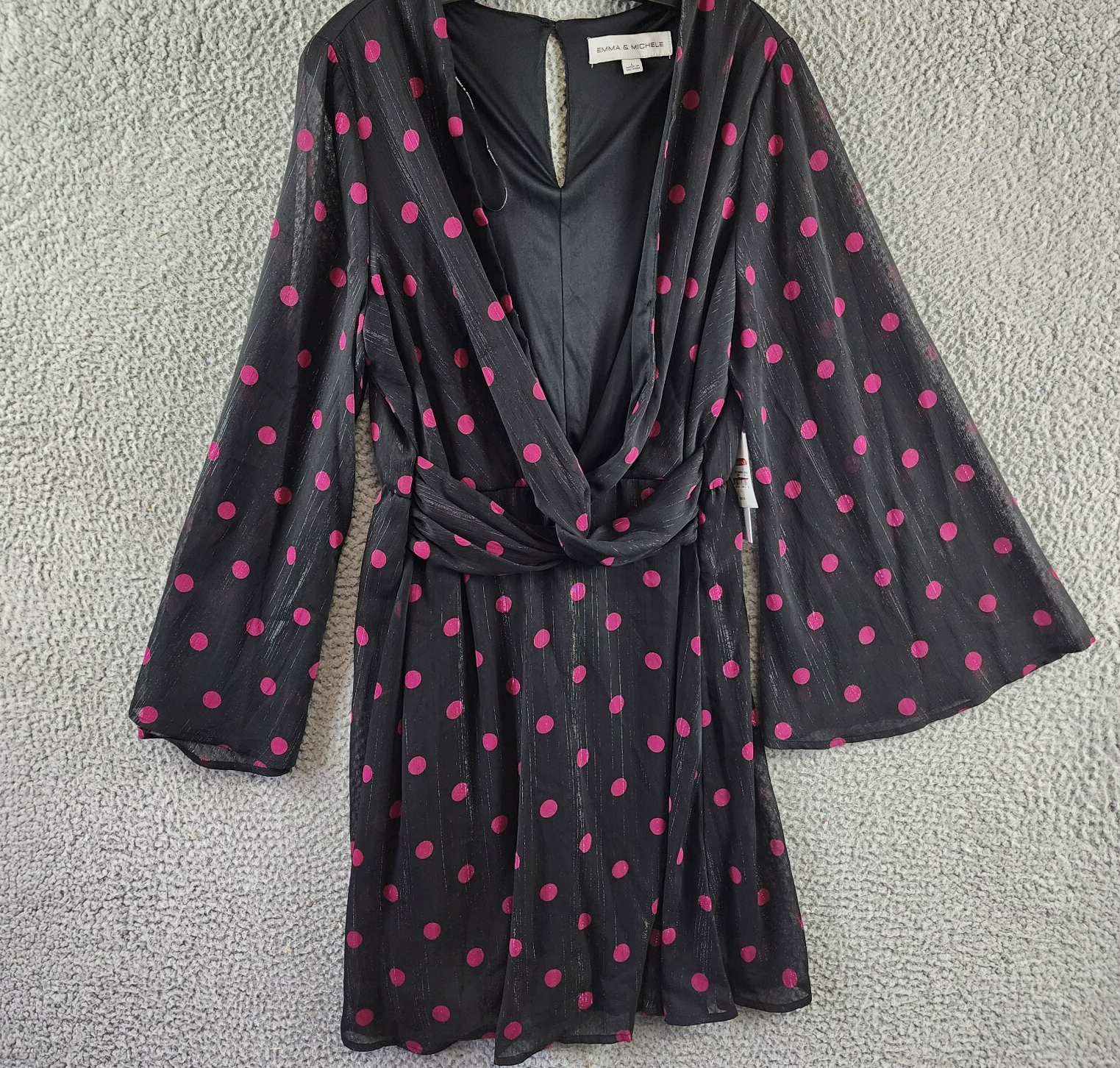 Emma & Michelle Faux Wrap Dress Women's L Black/Red Dot Snap Front Button Back - Picture 1 of 13