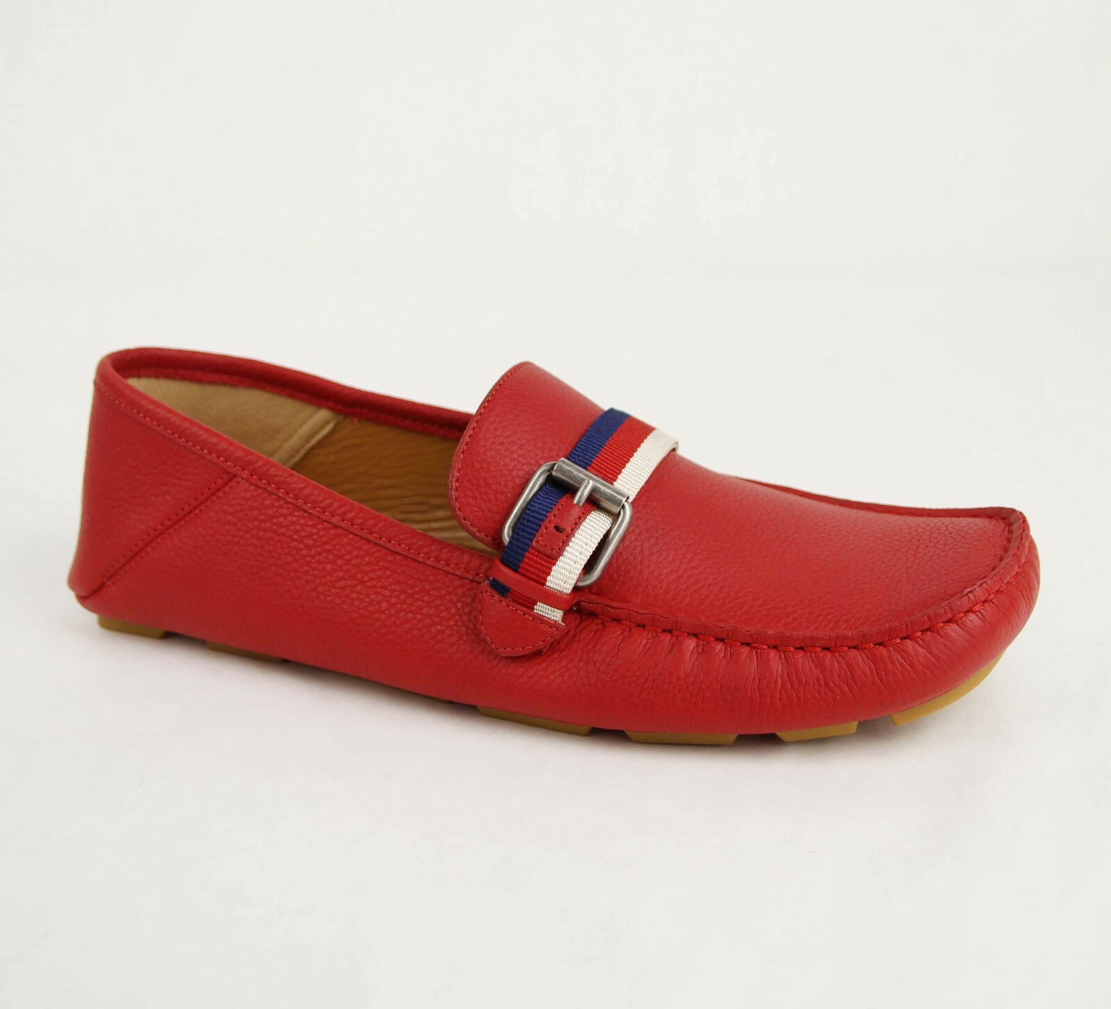 Pre-owned Gucci Men's Red Leather Slip On Loafer With Brw Web Strap 7.5 G/us 8 473766 6467