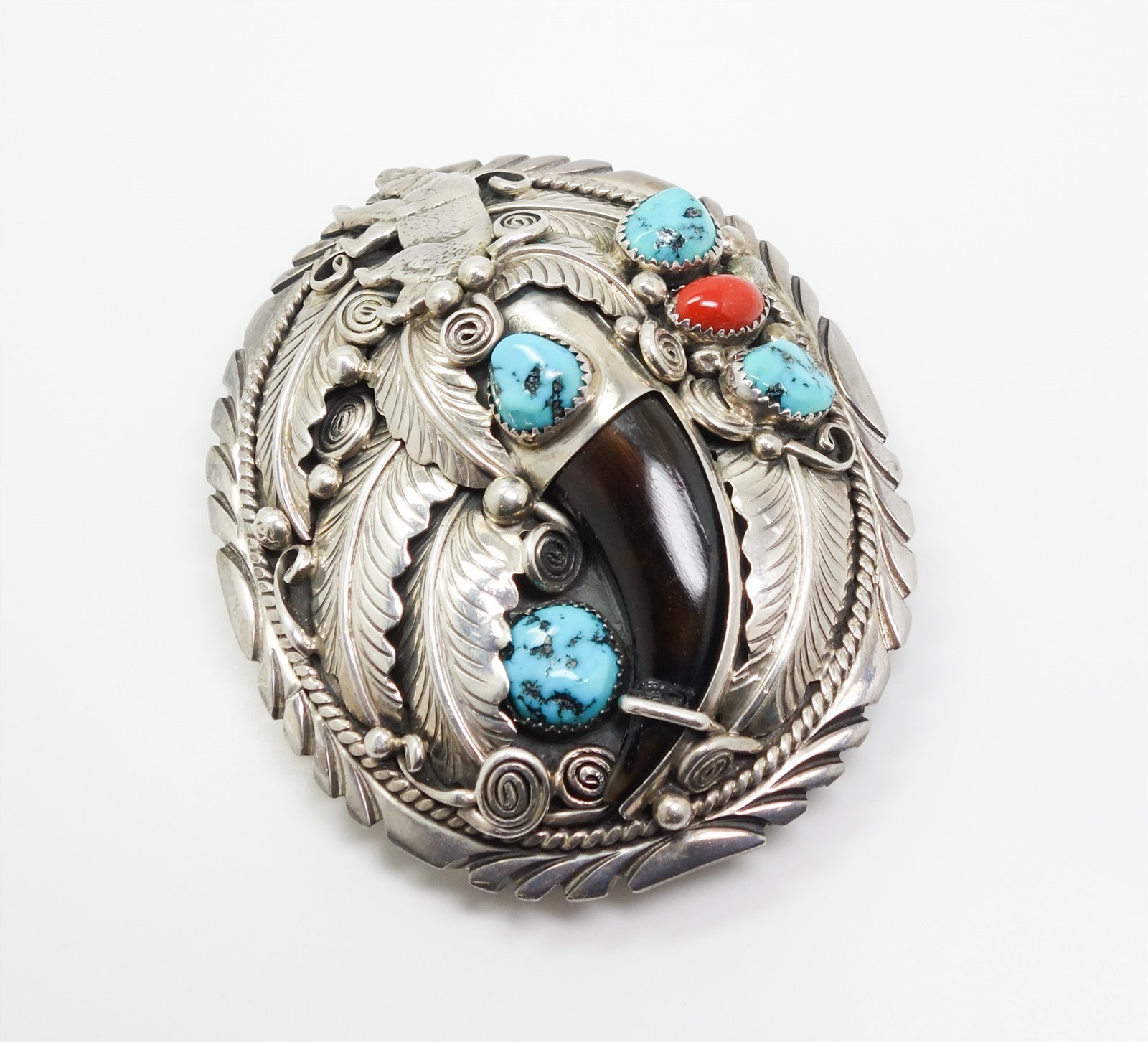 Ornate American Indian Turquoise Coral Sterling Silver Bear Belt Buckle