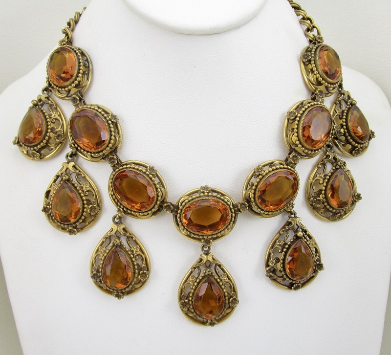 RARE 1940'S JOSEFF OF HOLLYWOOD BRASS TOPAZ RHINESTONE