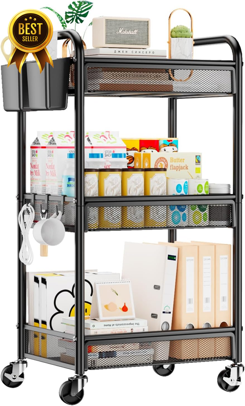 3 Tier Black Metal Rolling Utility Storage Cart with Wheels