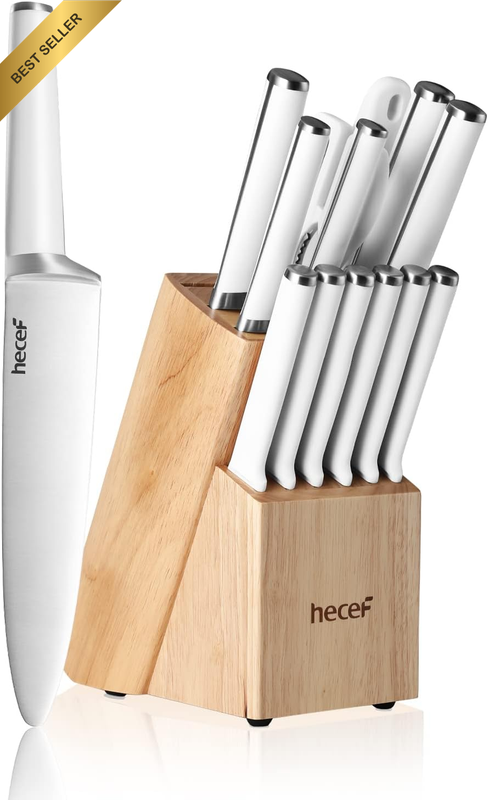 15PCS White Kitchen Knife Set with Block, Stainless Steel Knives, 6 Steak Knives