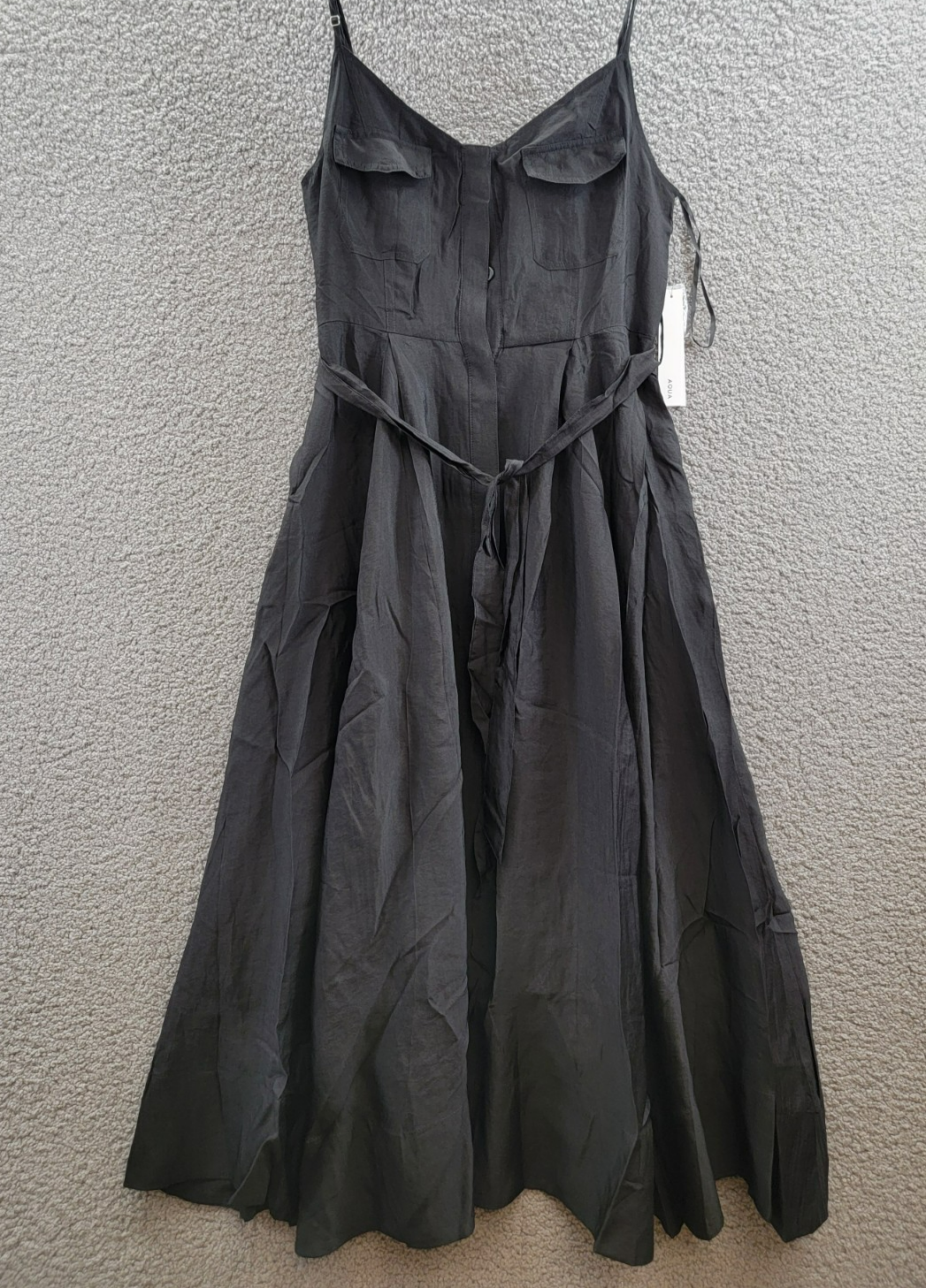 AQUA Utility Midi Dress Women's M Black Sweetheart Neck Flap Pocket Button Front - Picture 2 of 14
