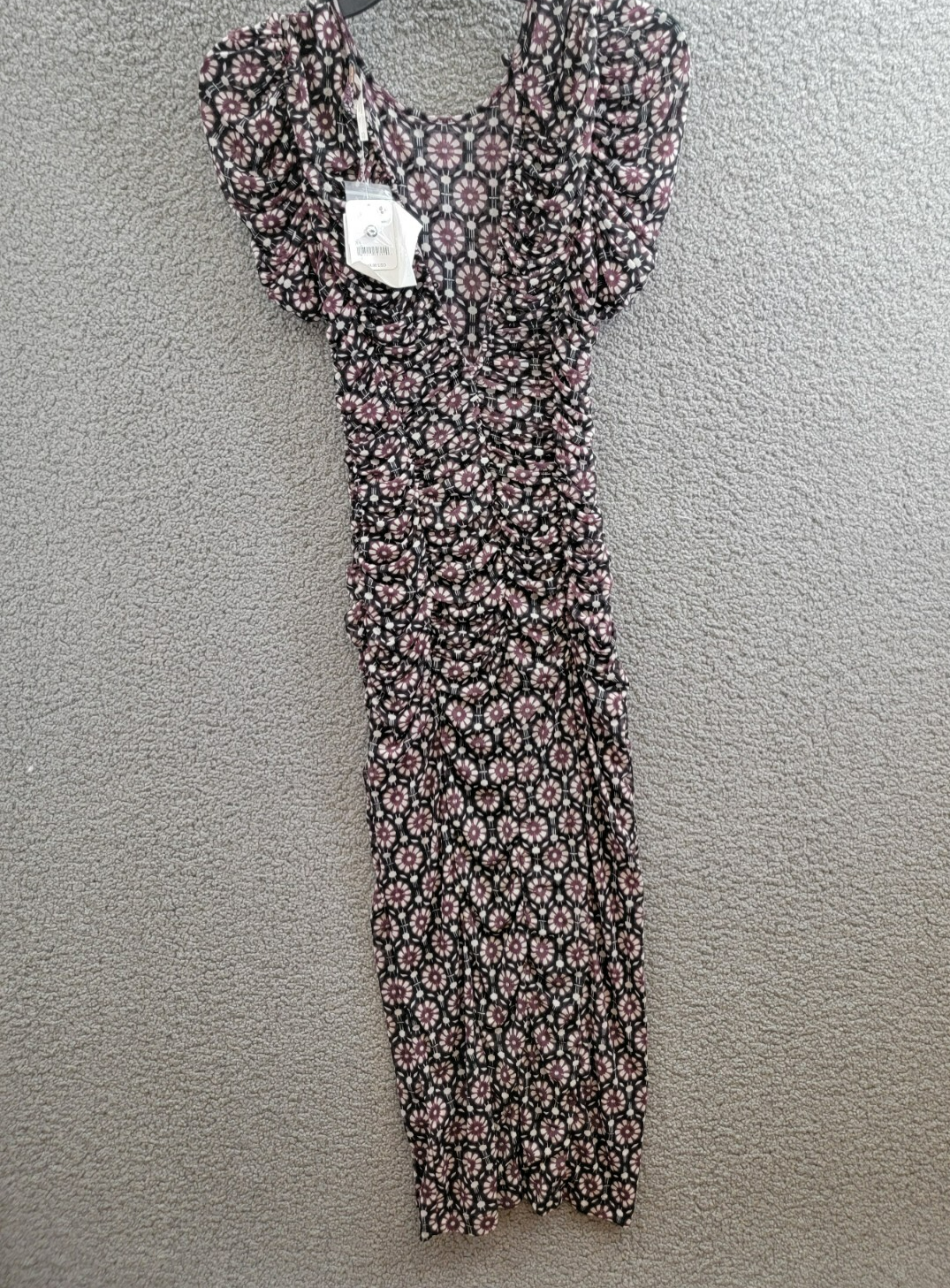 Free People Briella Printed Ruched Midi Dress Women's XS Black Combo Button Back - Picture 11 of 18