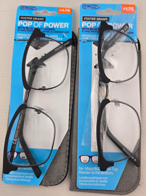 2 Foster Grant Pop of Power blue light reading glasses silver metal black+ 1.75
