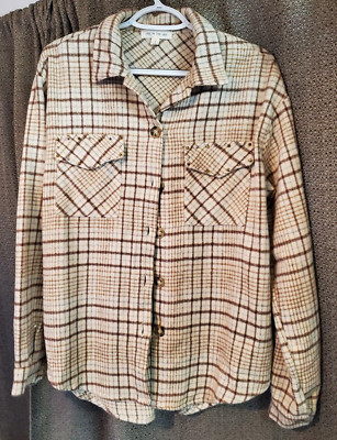 Pie In The Sky Cream & Brown Plaid with Rhinestones Shirt Medium NWT