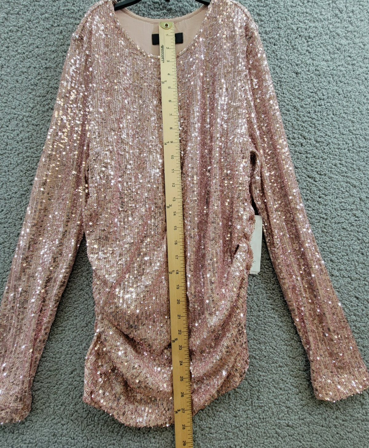Karen Kane Side Shirred Sequin Top Womens M Pink Round Neck Long Sleeve Pullover - Picture 5 of 15