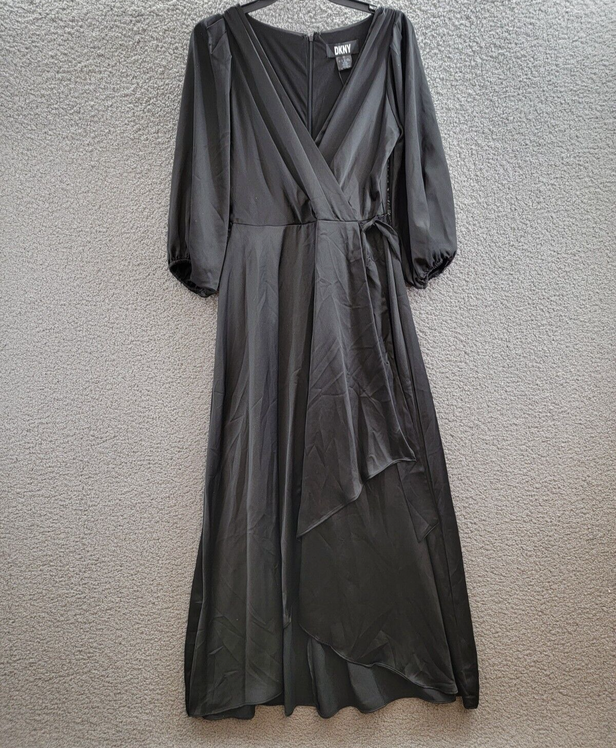 DKNY Balloon-Sleeve Faux-Wrap Gown Women's 4 Black Surplice Neck Tie Waist - Picture 2 of 17
