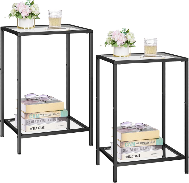 Side Tables Set of 2, End Tables with Tempered Glass, 2-Tier Nightstands with Storage Shelves, Coffee Table with Modern Style, Slim Sofa Table for Living Room, Bedroom, 11.8